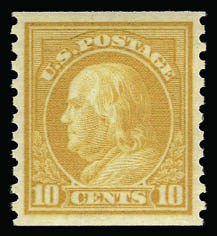 Sale 929, Lot 371, 1912-23 Issues (Scott 485 to 519), 10c Orange Yellow, Coil (497) Sale 929, Lot 371, 1912-23 Issues (Scott 485 to 519)