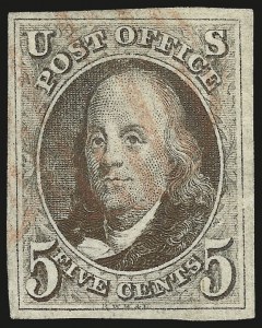 Sale 976, Lot 1055, 1847 Issue (Scott 1-2), 5c Red Brown (1) Sale 976, Lot 1055, 1847 Issue (Scott 1-2)