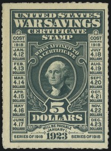 Sale 1031, Lot 1238, Savings, Telegraph Company Stamps, $5.00 Deep Green, War Savings, Rouletted 7 (WS3) Sale 1031, Lot 1238, Savings, Telegraph Company Stamps