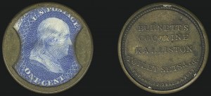 Sale 1068, Lot 89, Civil War Encased Postage, Burnett's Cocoaine Kalliston, 1c Blue (EP44) Sale 1068, Lot 89, Civil War Encased Postage