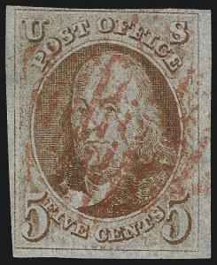 Sale 1077, Lot 33, 1847 Issue and 1875 Reproduction (Scott 1-4), 5c Orange Brown (1b) Sale 1077, Lot 33, 1847 Issue and 1875 Reproduction (Scott 1-4)