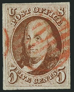 Sale 1115, Lot 2013, 5c 1847 Issue, Off-Cover (Scott 1), 5c Red Brown (1) Sale 1115, Lot 2013, 5c 1847 Issue, Off-Cover (Scott 1)