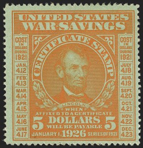 Sale 1140, Lot 1474, Savings Stamps, Seals, other Back-of-Book, $5.00 Orange on Green, War Savings (WS6) Sale 1140, Lot 1474, Savings Stamps, Seals, other Back-of-Book