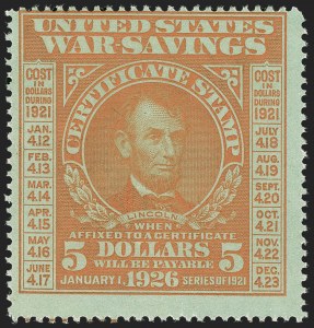 Sale 1221, Lot 1800, Revenues, Private Die Proprietary, Hunting Permits, Savings Stamps, $5.00 Orange on Green, War Savings (WS6) Sale 1221, Lot 1800, Revenues, Private Die Proprietary, Hunting Permits, Savings Stamps