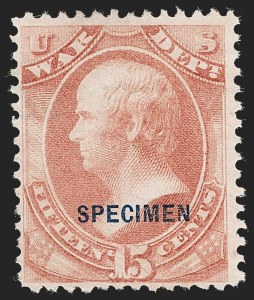 Sale 1234, Lot 465, Official Special Printings (State, Treasury, War), 15c War, Specimen Ovpt. (O90S) Sale 1234, Lot 465, Official Special Printings (State, Treasury, War)